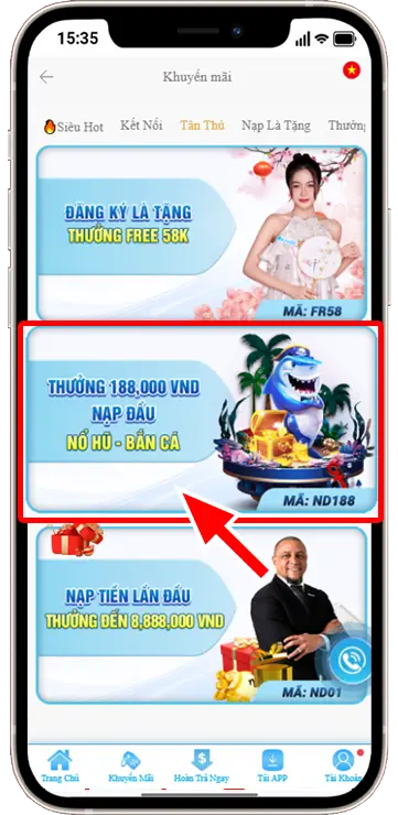 Bước 2: Tại mục Tân Thủ » chọn Mã: ND188
